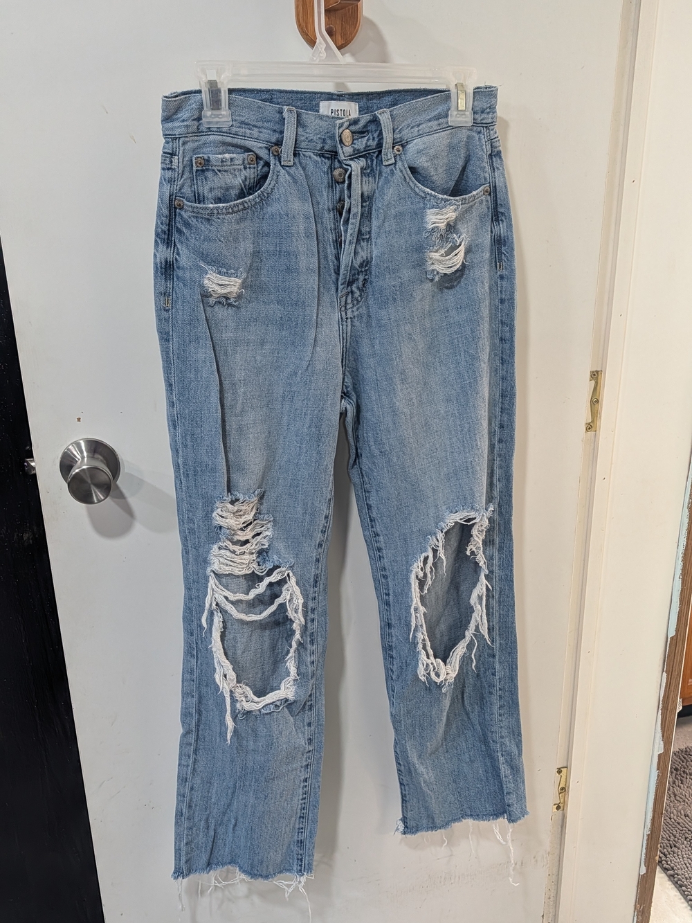 pistola Light Blue Distressed Cassie Ripped High Rise Straight Leg Jeans